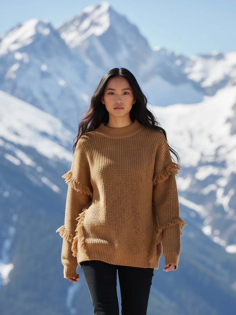 Michael Kors Womens M Camel Fringe-Trim Crewneck Chunky Knit Sweater